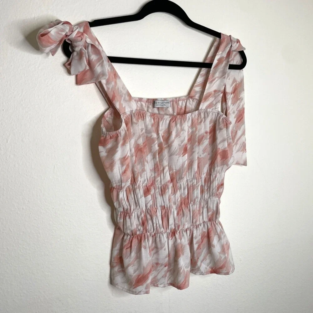 Paper Crane Pink & White Smocked Sleeveless Top With Tie Straps Womens Size M - Picture 2 of 9